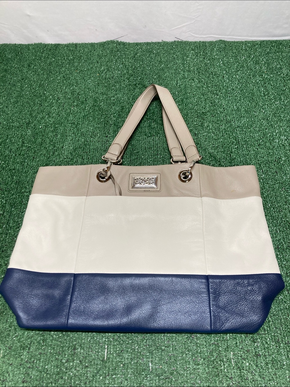 Brighton Leather Colorblock Tote Bag - Taupe, White & Navy (OKPM-09-30)